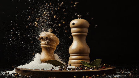 An artistic representation of levitating salt and pepper shakers with spice mills, filled with peppercorns and bay leaves, against a black backgroundの素材