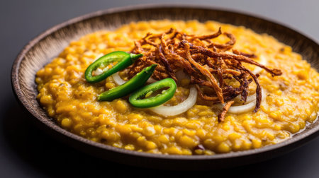 An elegant plate of yellow dal with crispy fried onions and sliced green chilies, positioned on a simple surface,の素材