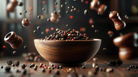 An artistic representation of a wooden bowl filled with assorted peppercorns, surrounded by floating spice mills and shakersの素材