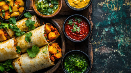Aerial view of a beautifully presented dosa filled with spiced potatoes, garnished with fresh cilantro, served with coconut chutney and sambar in small bowls,の素材