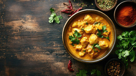 An elegant bowl of chicken korma on a rustic table, complemented by colorful spices and herbs,eed0685badf5の素材