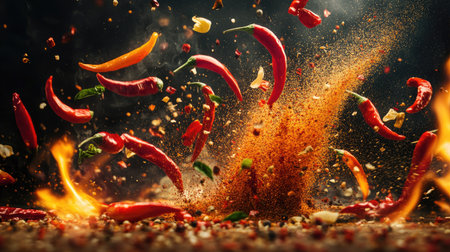 An action-packed image of spices and chili peppers flying through the air, surrounded by flames and colorful spice powders,の素材