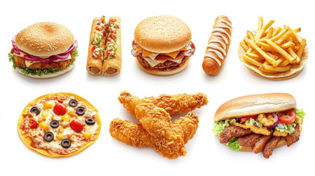 An appetizing fast food set featuring fried chicken, tacos, pizza, corndogs, sandwiches, and fries,の素材