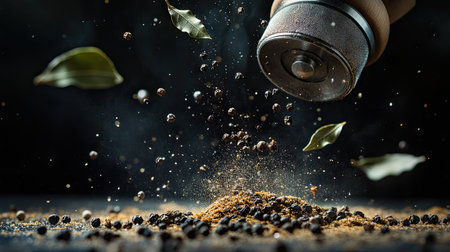 An engaging shot of two spice grinders in mid-air, surrounded by scattered peppercorns and bay leavesの素材
