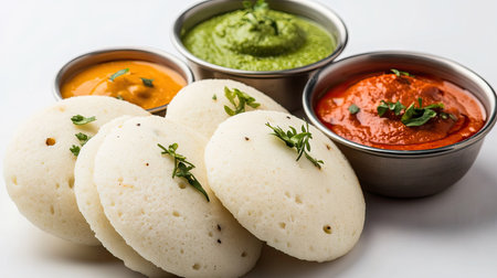 An inviting arrangement of idlis with colorful dips, set against a clean surface that allows for a generousの素材