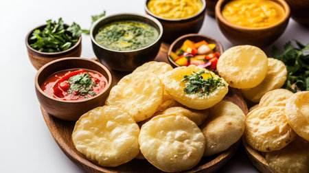 An inviting arrangement of pani puris with colorful dips, set against a clean surface that allows for a generous area for captions or promotional useの素材