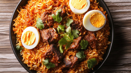 An overhead shot of a spicy Indian mutton biryani, with fragrant rice, tender meat, and a garnish of boiled eggs,の素材