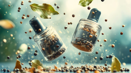 An engaging shot of two spice grinders in mid-air, surrounded by scattered peppercorns and bay leavesの素材