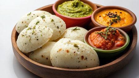 An inviting arrangement of idlis with colorful dips, set against a clean surface that allows for a generousの素材