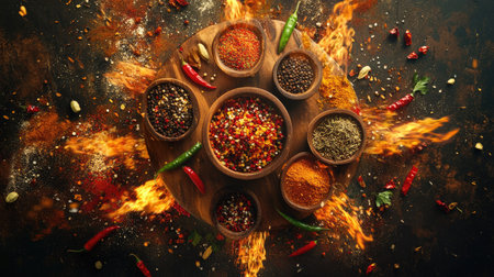 An overhead view of colorful spices and chili peppers soaring above rustic wooden bowls, enveloped in flames,の素材