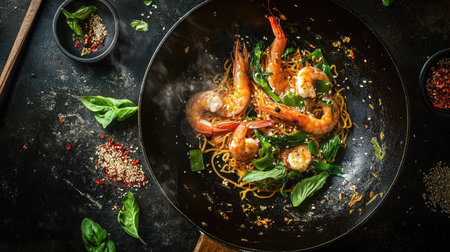 An overhead view of wok noodles flying alongside succulent prawns and fresh greens, capturing the energyの素材