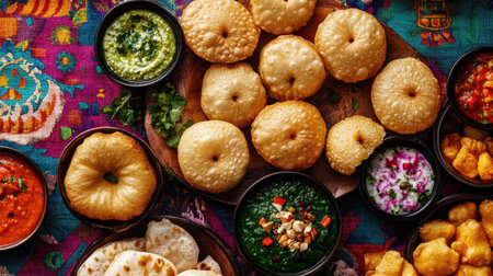 Flat lay of a colorful spread featuring pani puris and an array of dips, arranged on a vibrant tablecloth,の素材