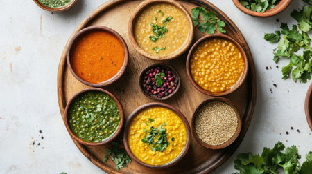 Flat lay of a colorful dal platter featuring various types of dal, garnished with herbs and spices, placed on a neutral backgroundの素材