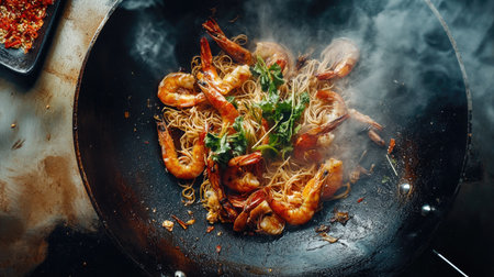 An overhead view of wok noodles flying alongside succulent prawns and fresh greens, capturing the energyの素材