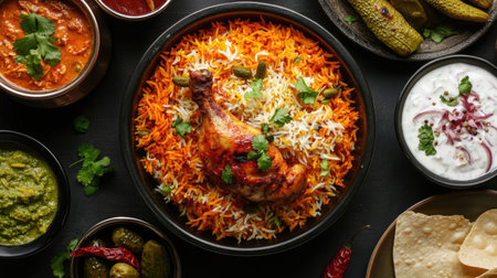 Beautifully presented spicy Hyderabadi chicken biryani with tender chicken and saffron rice, shot with side dishes of raita,の素材