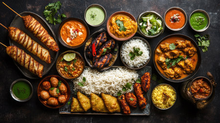 An overhead shot of a diverse Indian Iftar meal with seekh kebabs, chicken curry, samosas, butter chicken, and rice,の素材