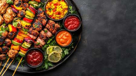 Flat lay of a delicious kebab platter with various meat and veggie skewers, complemented by colorful sauces,の素材