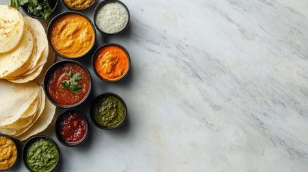 An inviting arrangement of dosas with various dips, placed on a clean surface that allows for a generous area for captions or branding messages. -の素材