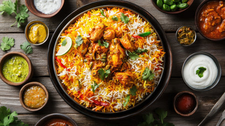 Beautifully styled Indian spicy chicken biryani in a large dish, surrounded by traditional accompaniments like yogurt, chutneys,の素材