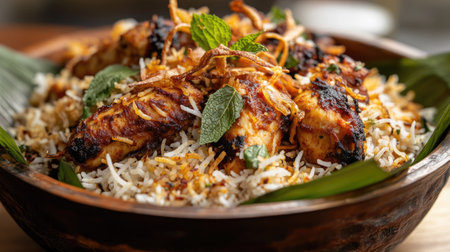 Close-up of spicy Indian chicken biryani served in a banana leaf-lined bowl, with rice infused with saffron and spices,の素材