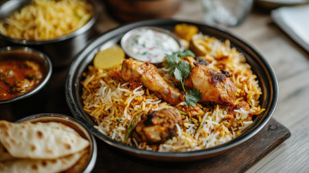 Beautifully presented spicy Hyderabadi chicken biryani with tender chicken and saffron rice, shot with side dishes of raita,の素材