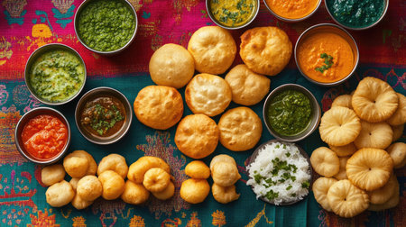 Flat lay of a colorful spread featuring pani puris and an array of dips, arranged on a vibrant tablecloth,の素材