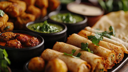 Close-up of assorted Indian delicacies like fried rolls, masala dosa, and kofta curry, beautifully garnished with fresh herbsの素材