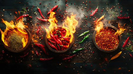 An overhead view of colorful spices and chili peppers soaring above rustic wooden bowls, enveloped in flames,の素材