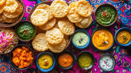 Flat lay of a colorful spread featuring pani puris and an array of dips, arranged on a vibrant tablecloth,の素材