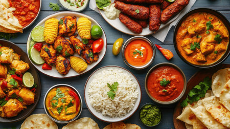 An overhead shot of a diverse Indian Iftar meal with seekh kebabs, chicken curry, samosas, butter chicken, and rice,の素材