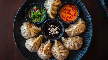 Flat lay of a plate filled with succulent momos, garnished with sesame seeds, and served with a variety of sauces,の素材