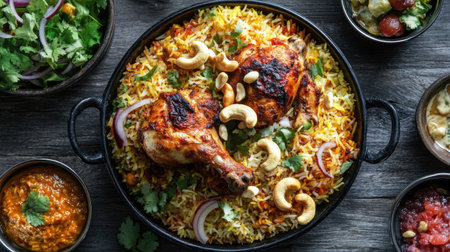Flat lay of Chicken Biryani with saffron-infused rice and tender chicken, garnished with fried onions and cashews,の素材