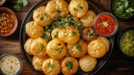 Flat lay of a plate filled with freshly made pani puris, artistically arranged with toppings and dipping sauces,の素材