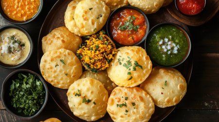 Flat lay of a plate filled with freshly made pani puris, artistically arranged with toppings and dipping sauces,の素材