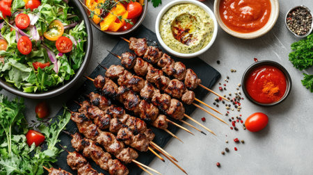 Flat lay of sizzling kebabs on skewers served with fresh salad, dips, and spices, creating a mouthwatering presentation against a clean, neutral background.の素材