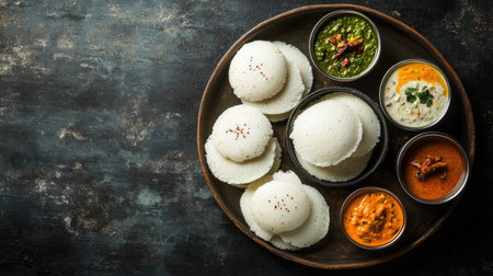 Flat lay of idlis arranged in a circular pattern on a platter, accompanied by bowls of various chutneys and a steaming cup of sambar,の素材