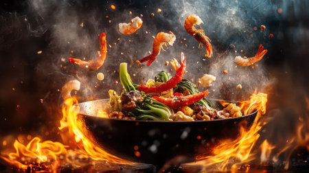 Freeze motion capture of a wok pan with colorful ingredients like noodles, bok choy, and seafood soaring through the air,の素材