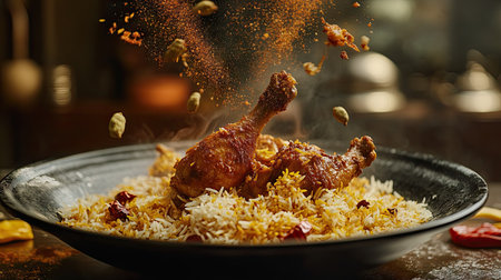 Mid-air Hyderabadi chicken biryani explosion with flying rice, chicken, and traditional Indian spices like saffron, cardamom, and cloves,の素材