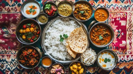 Flat lay of a sumptuous thali meal, including rice, various curries, and sweet treats, arranged on a colorful tablecloth,の素材
