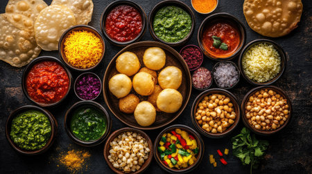 Overhead shot of a delightful serving of pani puri, surrounded by colorful chutneys and toppings, showcasing the texturesの素材