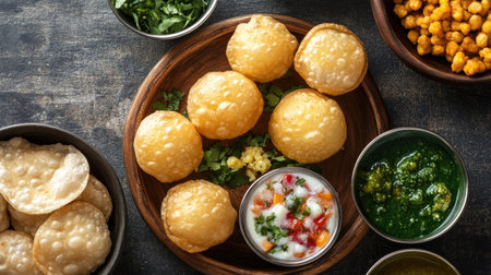 Overhead view of a serving of pani puri with various fillings, set against a clean backdrop, highlighting the texturesの素材