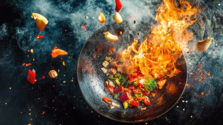 Overhead shot of a lively stir-fry scene, capturing colorful ingredients suspended in the air, with flames licking the sides of a hot wok,の素材