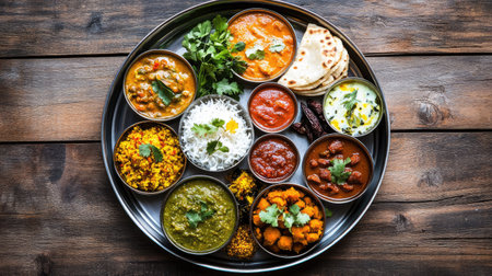 Overhead shot of a vibrant thali filled with a variety of Indian delicacies, garnished with fresh herbs, served on a rustic wooden table for a warm 7の素材