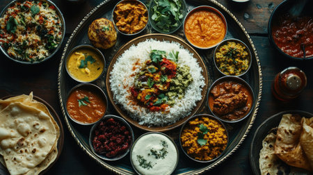 Overhead shot of a thali meal featuring an array of flavors, including vegetarian and non-vegetarian options,の素材