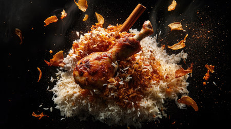 Mid-air shot of chicken biryani ingredients--chicken, rice, cinnamon sticks, and fried onions--flying against a black background,の素材
