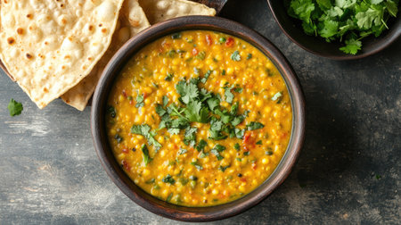 Overhead shot of a comforting bowl of dal with a sprinkle of coriander and a side of crispy papadum,の素材