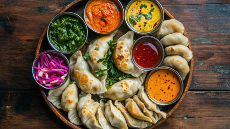 Overhead shot of a steaming platter of momos, arranged with care, surrounded by colorful garnishes and dipping sauces for a rich culinary experience. -の素材