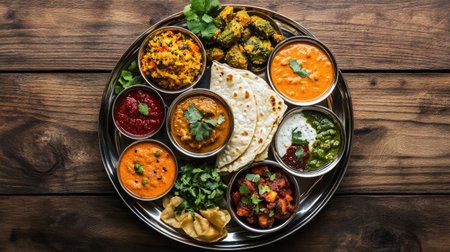 Overhead shot of a vibrant thali filled with a variety of Indian delicacies, garnished with fresh herbs, served on a rustic wooden table for a warm 7の素材