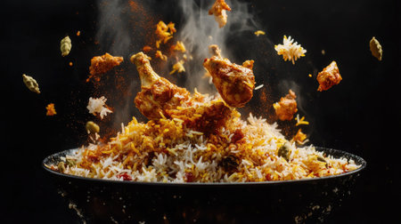 Spicy chicken biryani captured in mid-air, with saffron rice, chicken pieces, and fragrant spices like cardamom and cinnamon,の素材