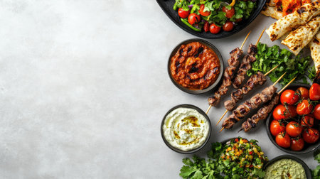 Overhead view of a kebab feast featuring various types of kebabs served with dips and garnishes,の素材
